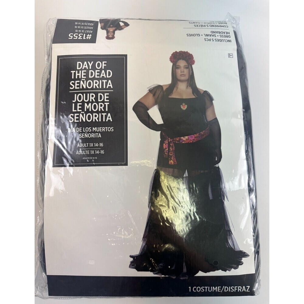 Day Of The Dead Senorita Costume Dress Shawl Gloves Headband Women Plus 1X 14-16
